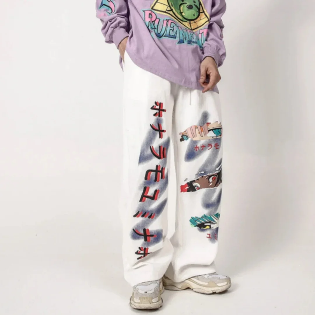 

Yuansu High Street Loose Straight Leg Pants Anime Cartoon Print Comfortable Fit for Men And Women
