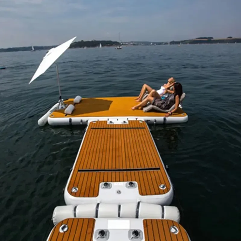 Inflatable PVC Floating Platform Mini Water Island with Imitation Wood Deck for Swimming Yacht Marina Use