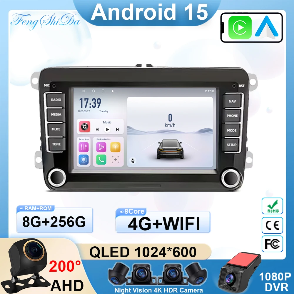 

7'' Android15 Wireless Carplay Auto Car multimedia player IPS Screen GPS WIFI Car Radio For VW Passat golf Polo Jetta Skoda DVD