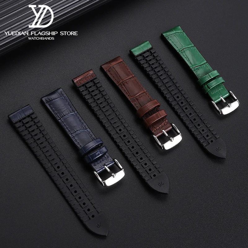 20mm 22mm watch Strap For Tudor Bronze small red flower Black Shield waterproof Cowhide Genuine leather rubber men\'s watchband