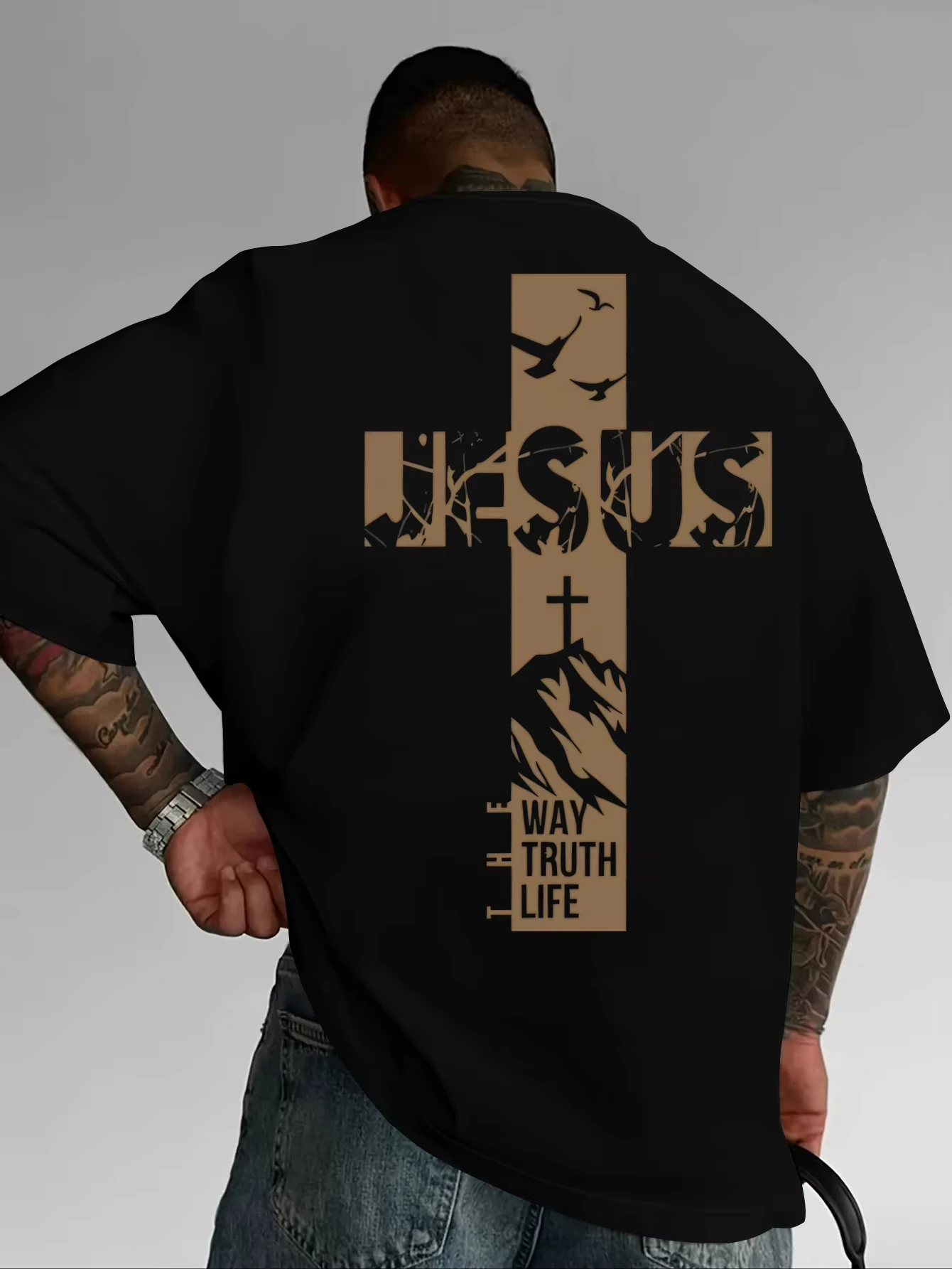 Sommerliches christliches T-Shirt für Herren mit Jesus-Kreuz-Muster, bedruckt, kurzärmelig, mit Glaubensmotiv, locker geschnitten und trendiges Oberteil