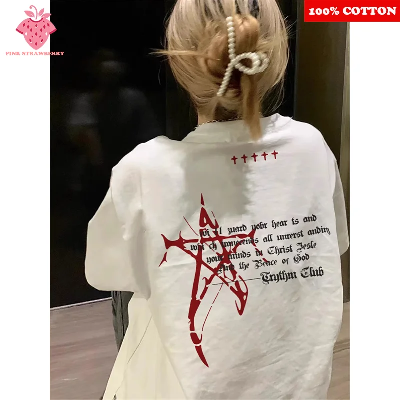 

American Retro Personalized letter Print T-shirt Women's Summer 2025 New 100% Cotton Short sleeves White T-shirt Y2k Top dames