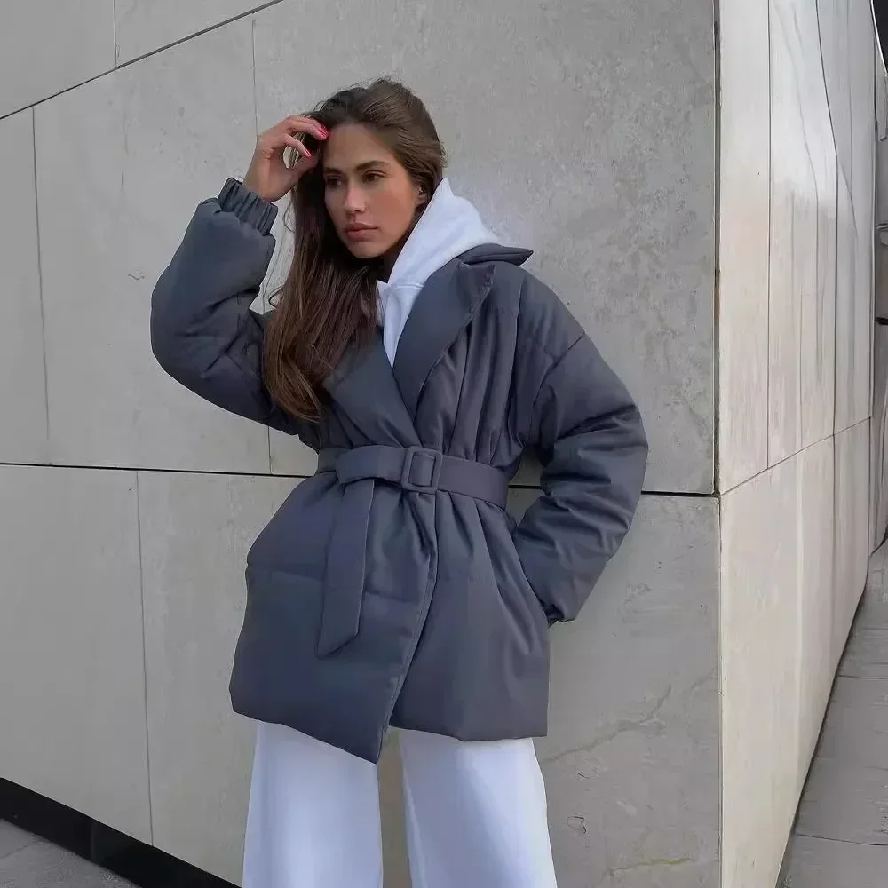 

Winter Thick Warm Office Ladie Coats Cotton Jacket Women Fashion Loose Turndown Collar Tie Waist Solid Bread Jacket Basic