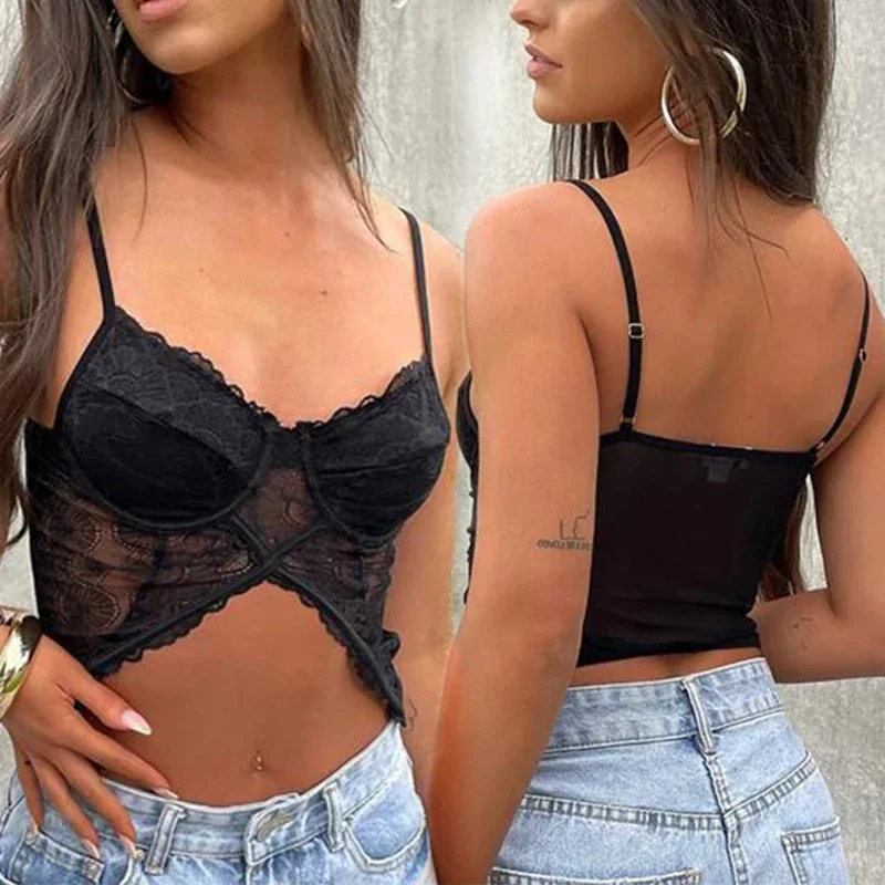 

Sexy Lace Transparent Y2k Irregular Tank Tops Women V-neck Backless Korean Crop Tops Fashion Slim Camisole 2000s Tees New MYQH16