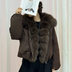 Chaqueta de plumón para mujer con cuello de piel de zorro, chaquetas de invierno cálidas de piel auténtica, abrigo corto de plumón de estilos más vendidos
