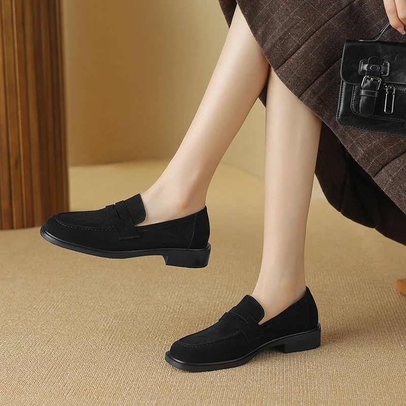 2024 Flats Shoes Size 34-40 Women Suede Real Leather Loafers Casual SpringLow Heels Vintage Office Lady Daily Dress