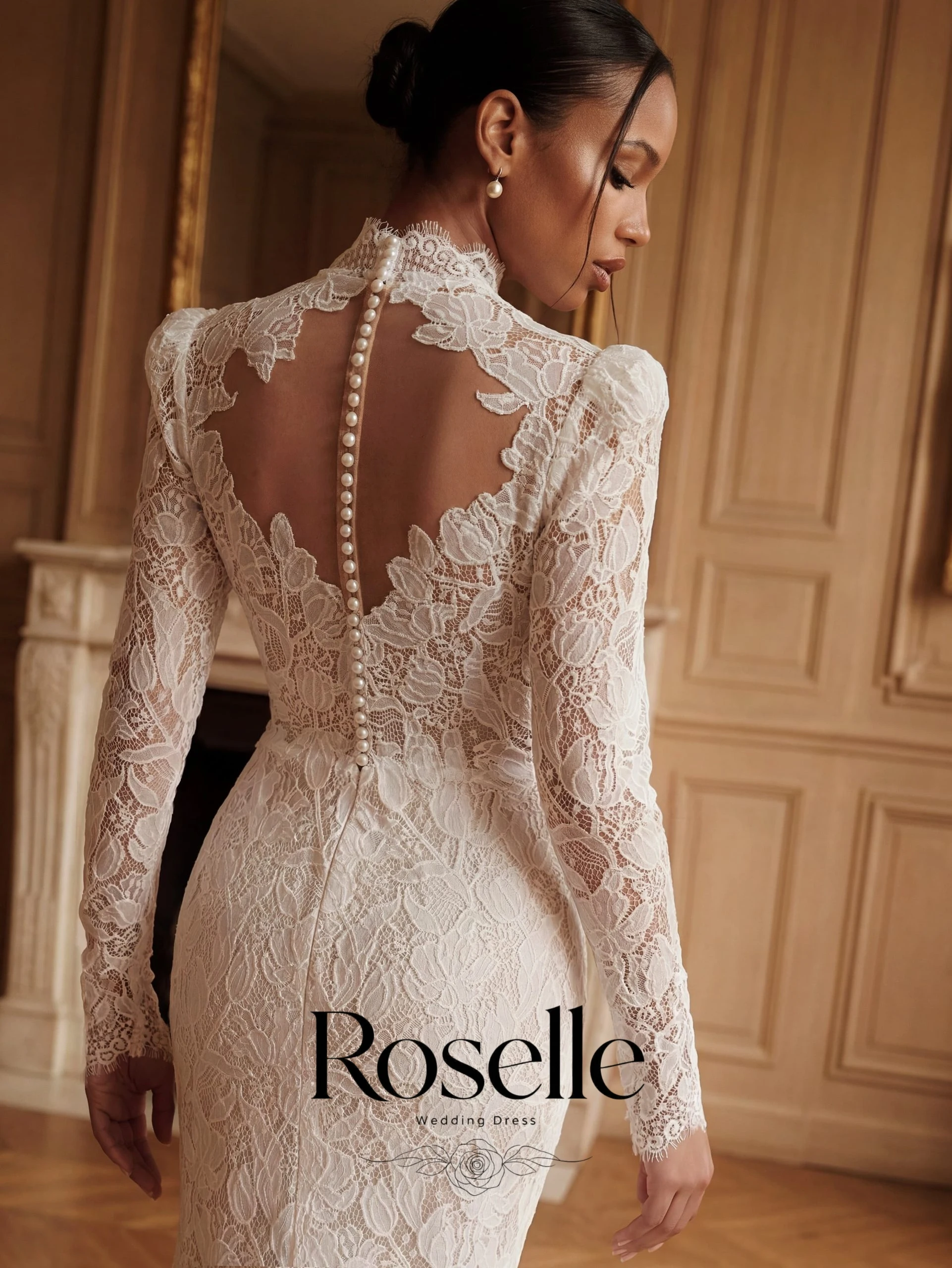 ROSELLE Lace High Side Slit Wedding Dress High Neck Long Sleeve Sheath Exquiste Backless Bridal Gown Customized свадебное платье
