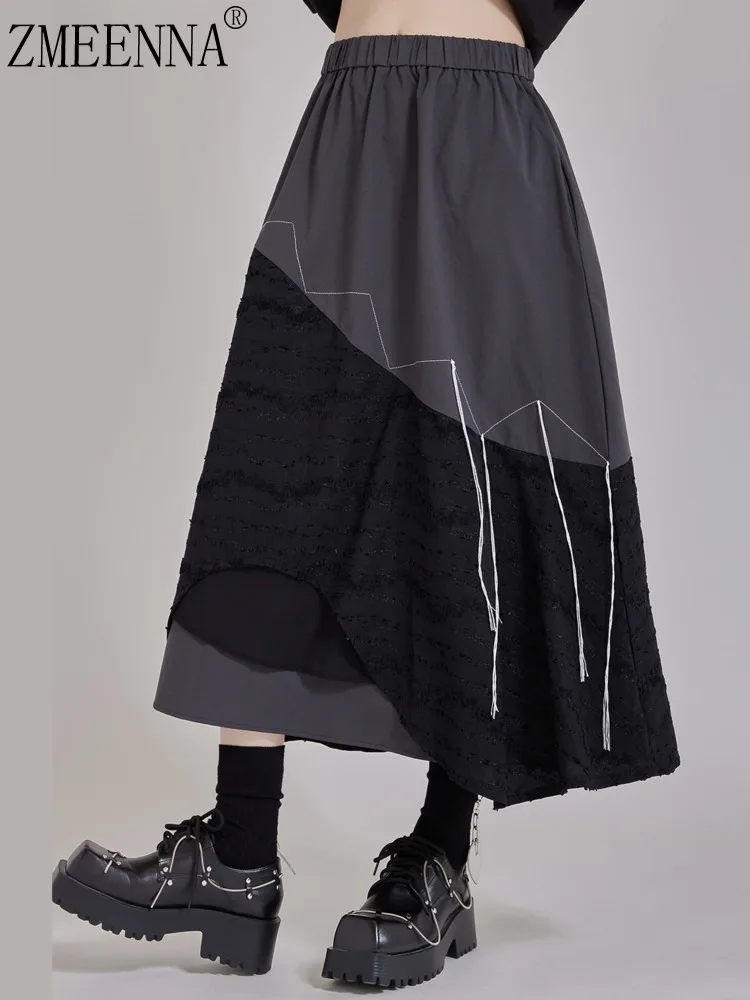 

ZMEENNA Womens Asymmetric Midi Skirt Lace Patchwork High Waist A Line Irregular Hem Black Grey Tassel Thread ZM4623