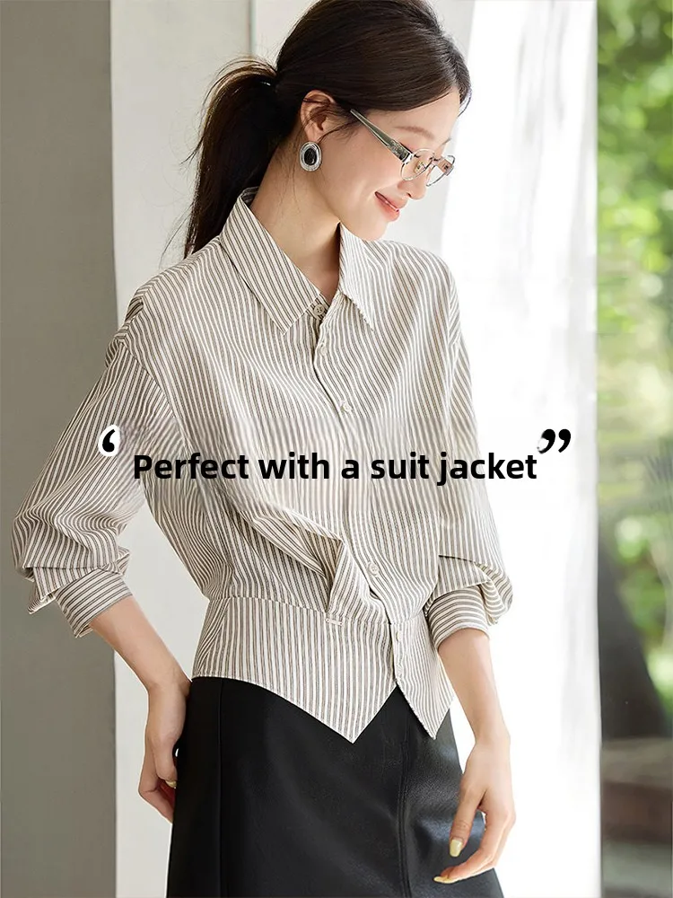 

Slim Fit Striped Shirt Women's Commute Inner Wear Top French Style Button Design Breathable Long Sleeve Casual Shirt