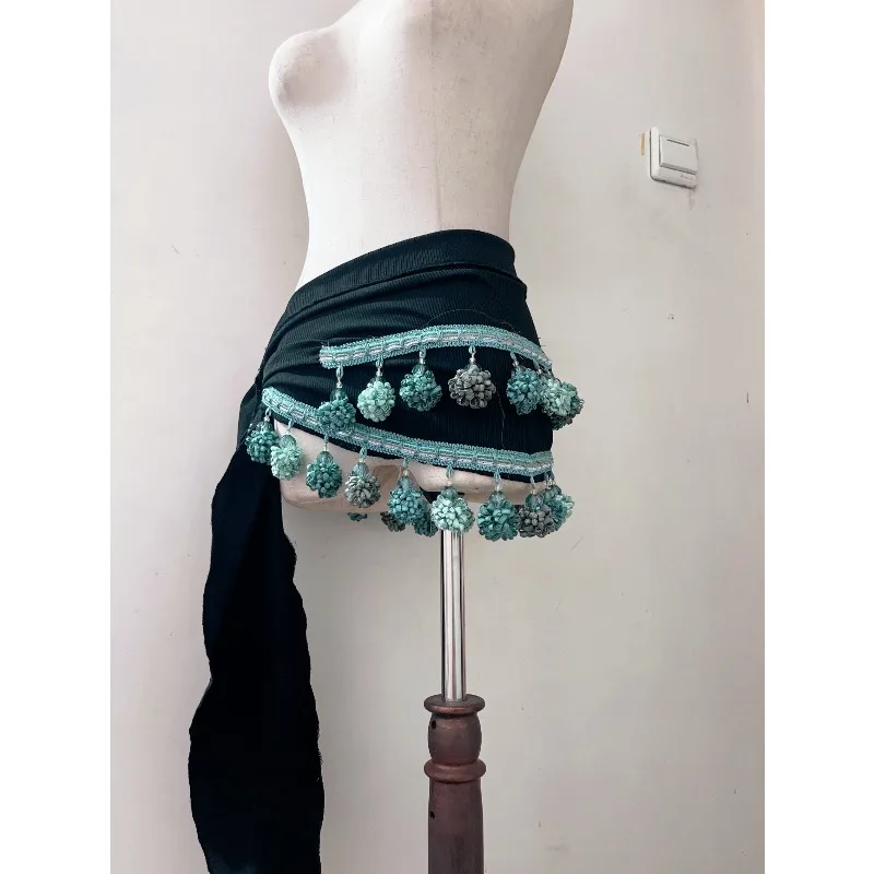 

Customized Belly Dance Costumes Practice Clothes Waist Belt Hairy Ball Hip Cloth Versatile Heavy-duty Waist Seal Skirt