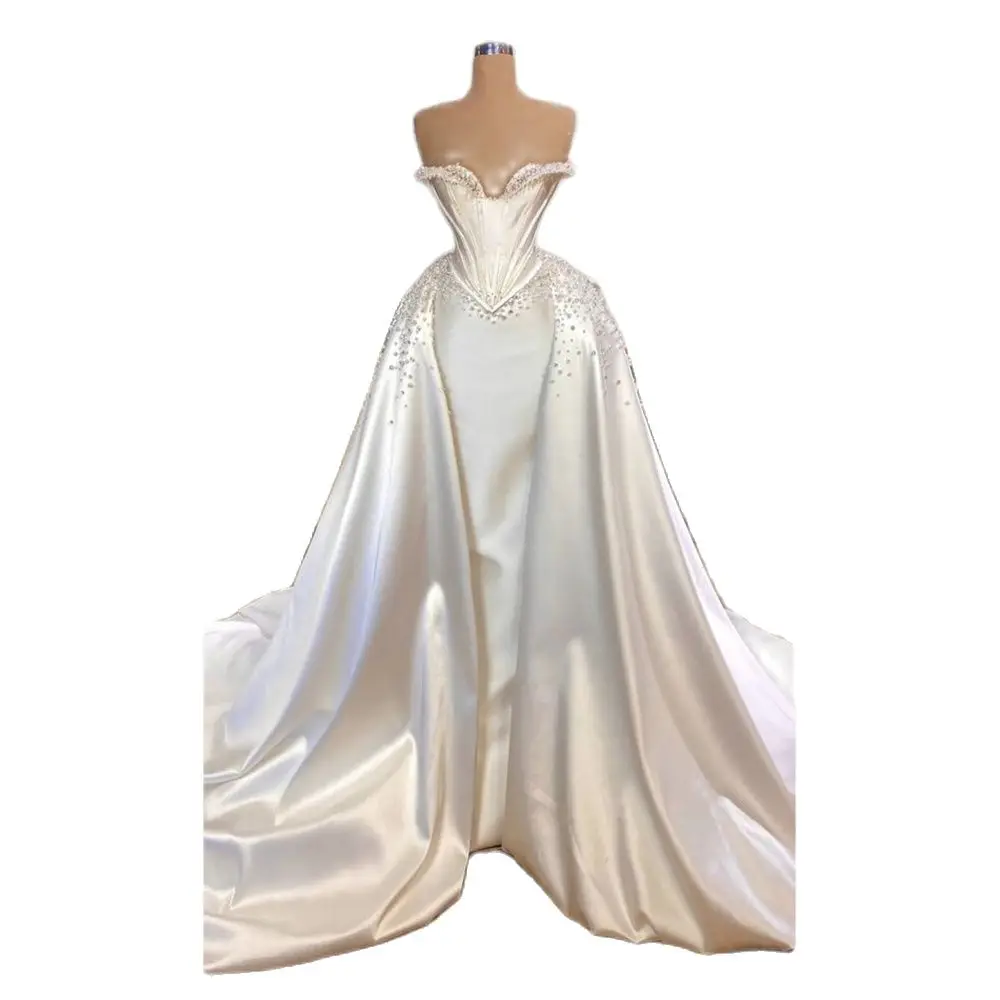 STEVDITG Fashion Pearls Satin Bride Dress Chic Sweetheart Strapless Mermaid Gowns Luxury Elegant Court Train Wedding Dress