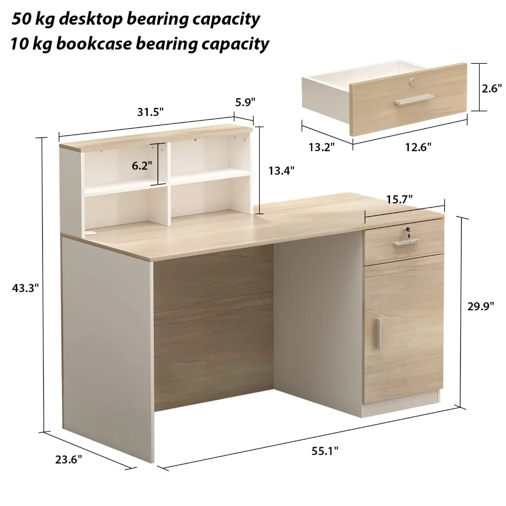 Reception Desk with Counter & Lockable Srotage Drawers, for Salon Reception Room Checkout Office, Natrual (55.1