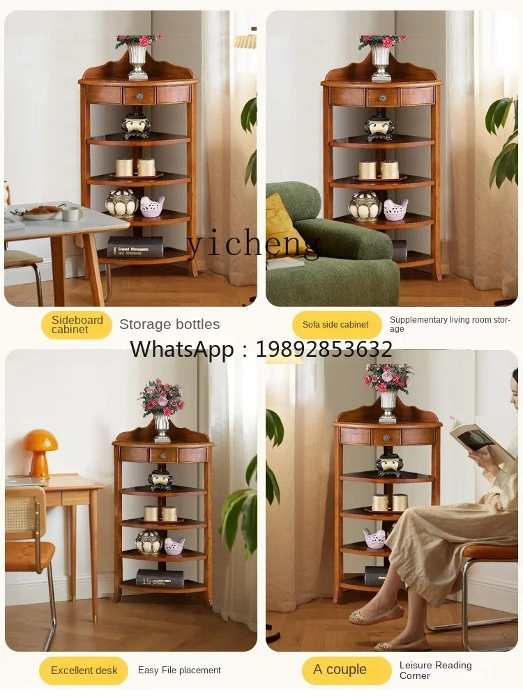 b2  Triangle Cabinet Vintage Solid Wood Corner Multi-Layer Storage Rack Living Room Sofa Side Cabinet