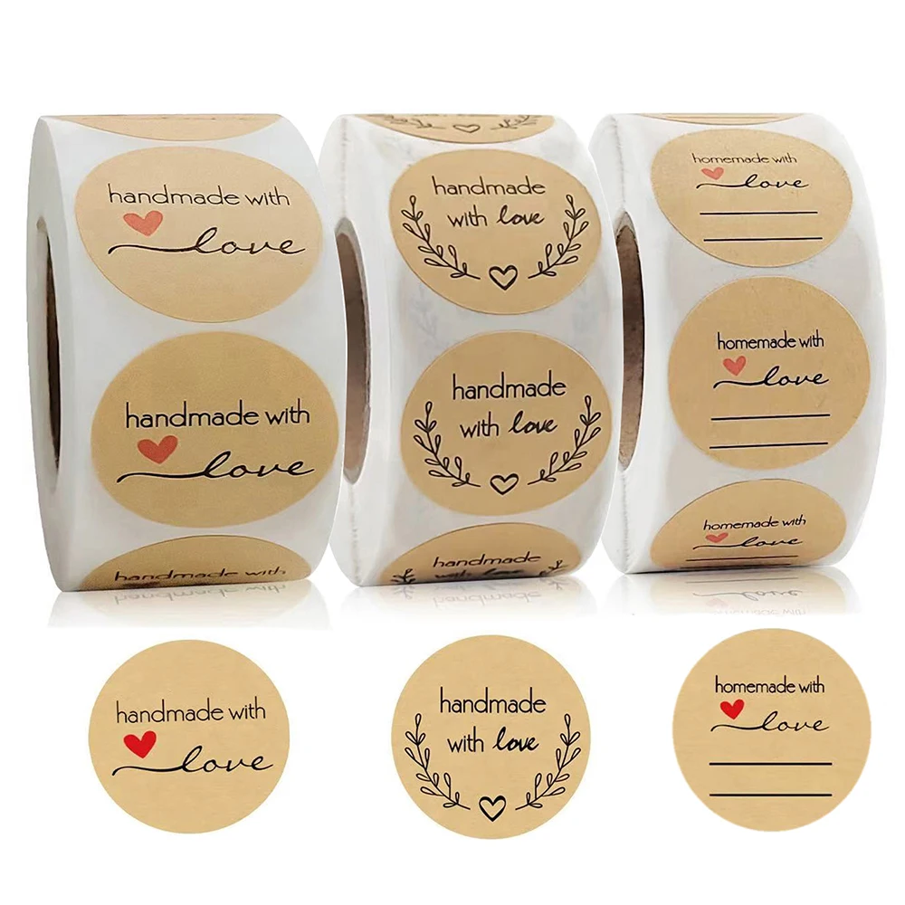 500pcs/roll 1inch Vintage Kraft Paper Handmade With Love Stickers for Package Thank You Stationery Adhesive Labels Baking Seals