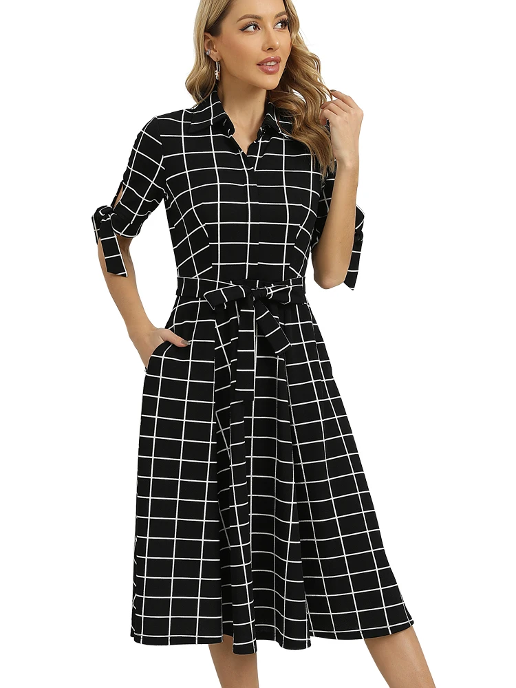 Nice-Forever Spring Women Classy Turn-Down Collar Dresses Casual Party elegante Retro Flare Swing Dress A381