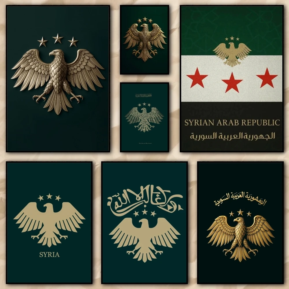 new Syrian flag Eagle logo map Painting Calligraphy pictures Room bedroom interior wall decoration Canvas Poster art mural