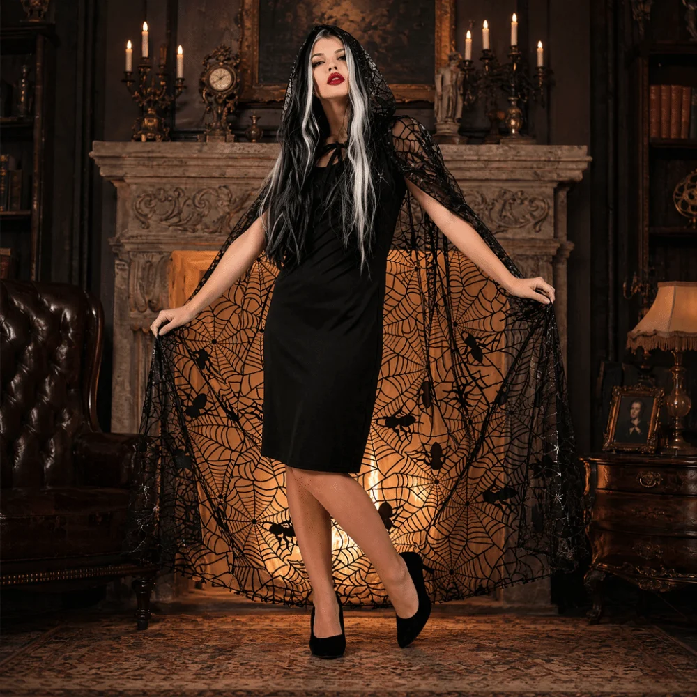 Gothic Style Lightweight Halloween Hooded Cape Semi-transparent Black Spider Web Mesh Cardigan Bat Creative Long Cloak Costume