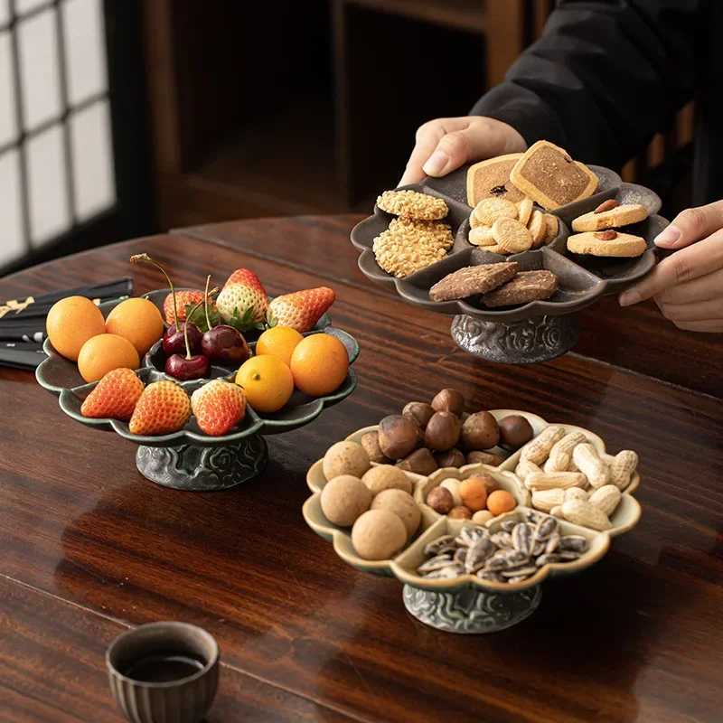 Chinese Style Tea Cake Tray High-Foot Ceramic  Sum Plate Fruit Pastry Snack Display Stoneware Dried Fruit Plate Decorative