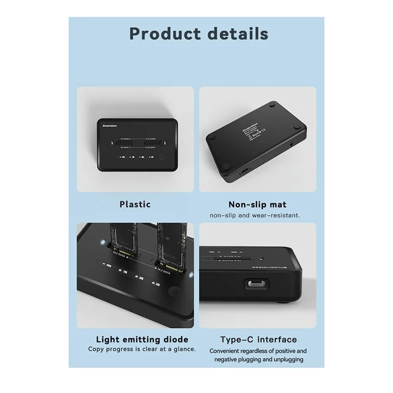 Blueendless M.2 Nvme/ Sata Duplicator Dual-Bay Offline Clone 20Gbps NVME Docking Station One-Key Offline Clone Ssd Dock-N34R