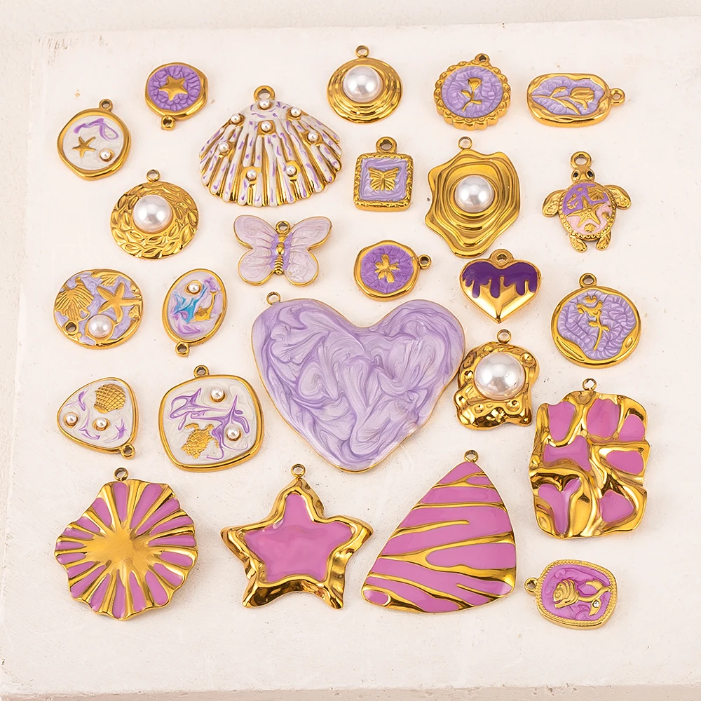 

2pcs 304 Stainless Steel Charm Enamel Purple Necklace Charms Base Gold Plated Earrings Components DIY Necklaces Jewelry Findings