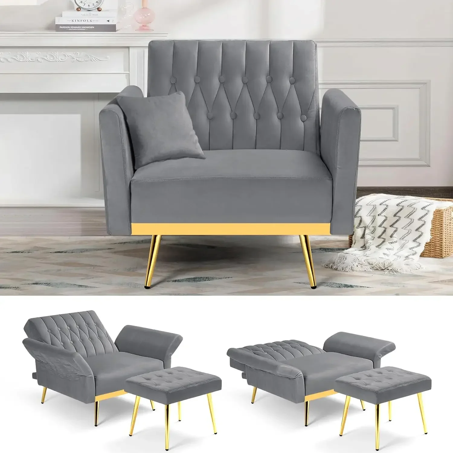 Velvet Accent Chair with Adjustable Backrest and Armrests, Single Recliner Armchair with Ottoman and Golden Mental Legs