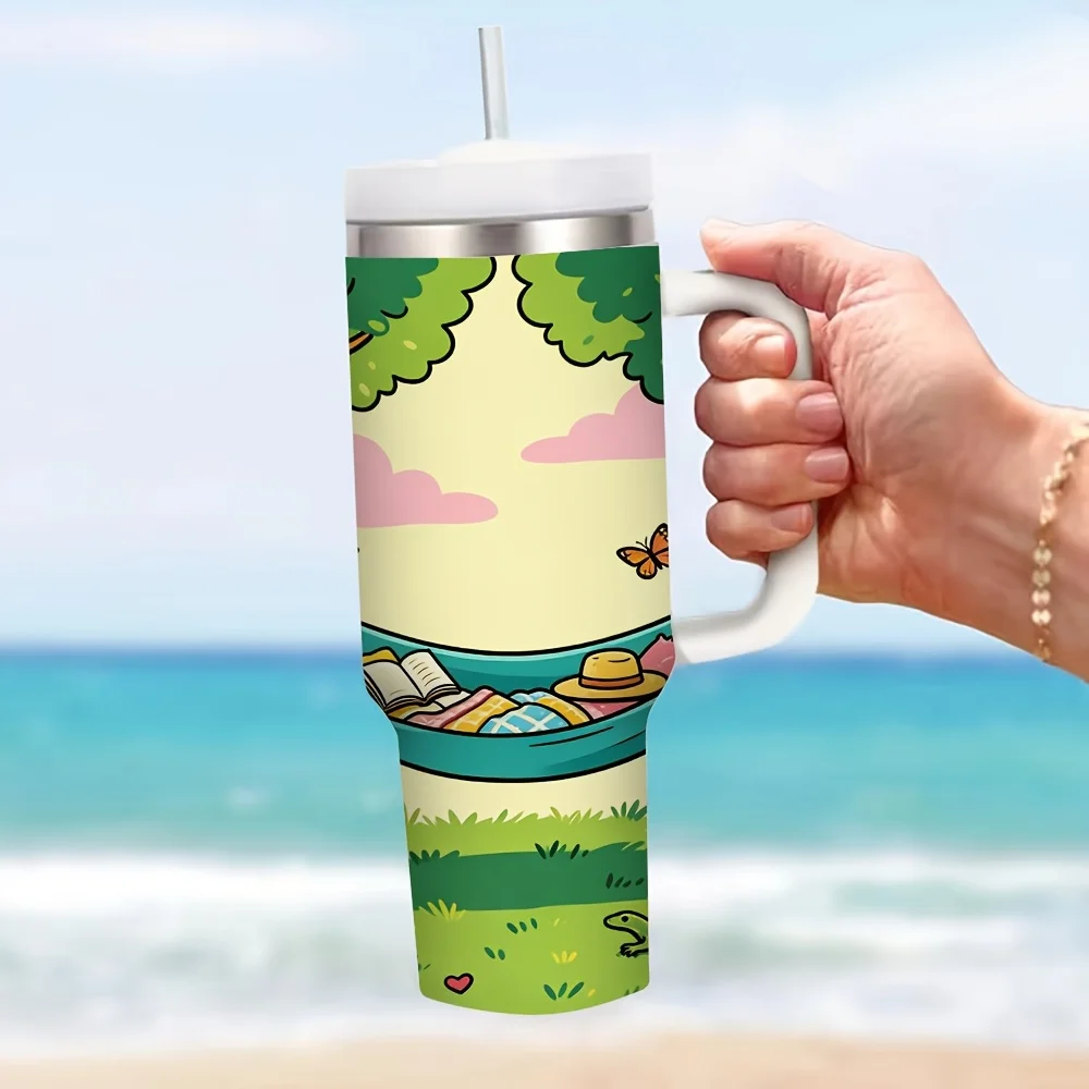 40oz Insulated Tumbler with Handle, Features Relaxing Outdoor Hammock Nature Print, Suitable for Outdoor Enthusiasts, Perfect for Daily Use, Camping And Travel, Keeps Both Hot And Cold Drinks