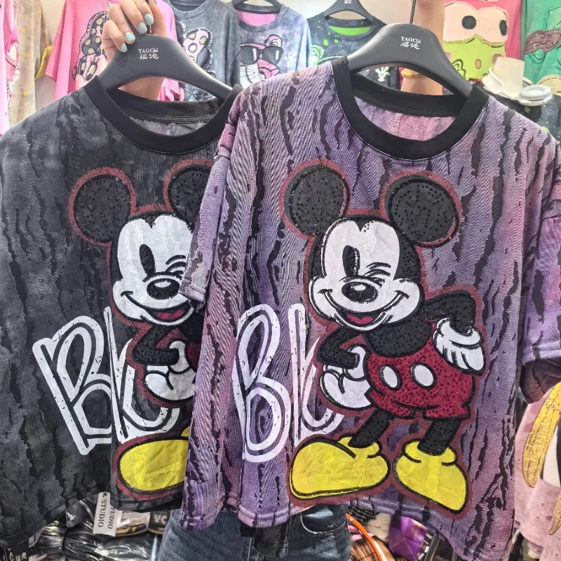 

High Quality American Retro Washed Old Short Sleeved T Shirt Summer Mickey Gradient Digital Spray Print Bead Embroidered Tops