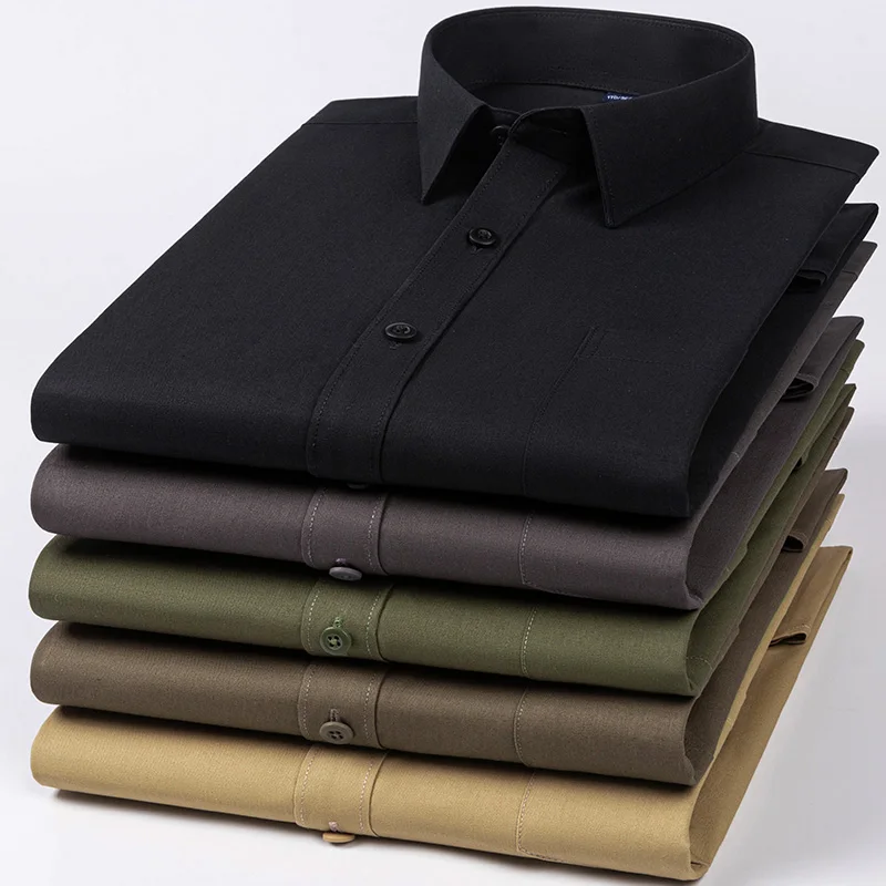 Camisas de algodón de manga larga con un solo bolsillo para hombre, camisa de negocios informal inteligente, camisa de ajuste regular, ropa negra