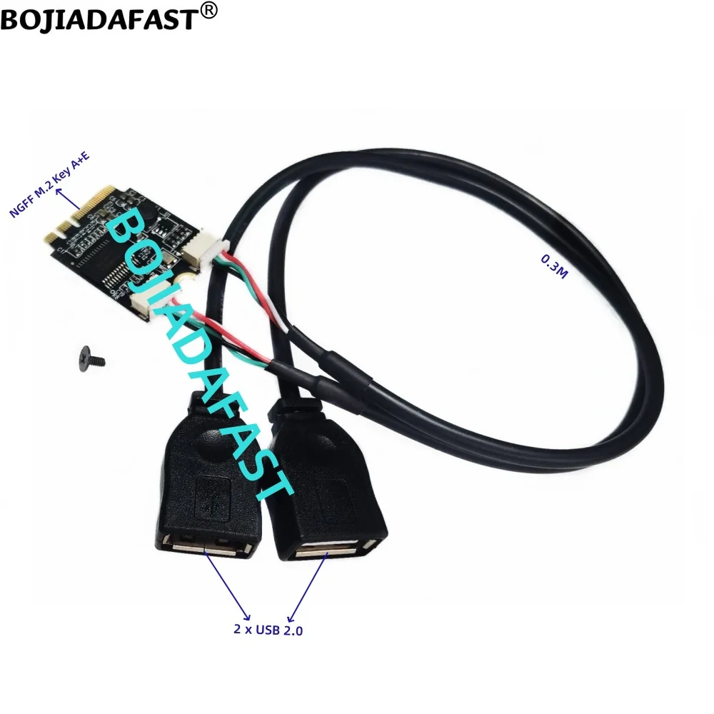 2 Ports USB 2.0 Type-A Connector To M.2 NGFF KEY A+E Interface Adapter Expansion Card With 0.3M Data Cable