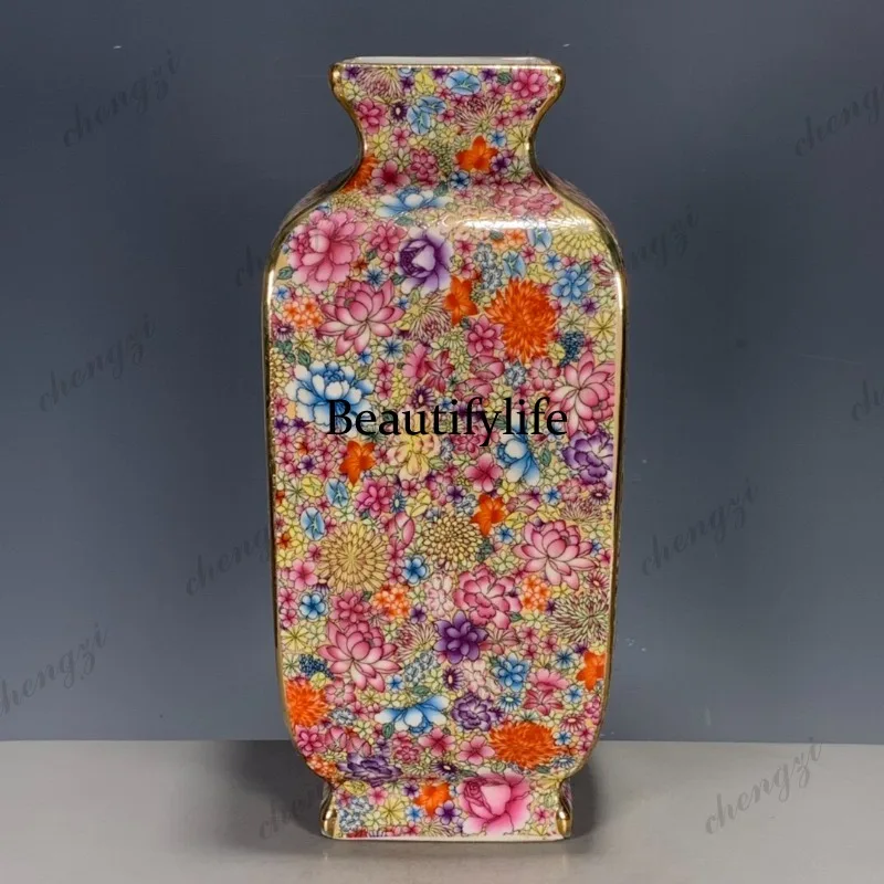 Antique porcelain collection imitation Qing Dynasty, enamel color ten thousand flowers painted gold pastel square vase