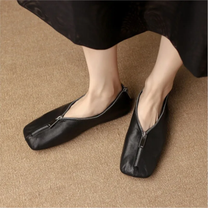 

All Leather Square Toe Front Zip Full Diamonds Single Shoes Sheepskin Fashion Flat Shoes Bun Shoes Loafers Shoes Women Shoes