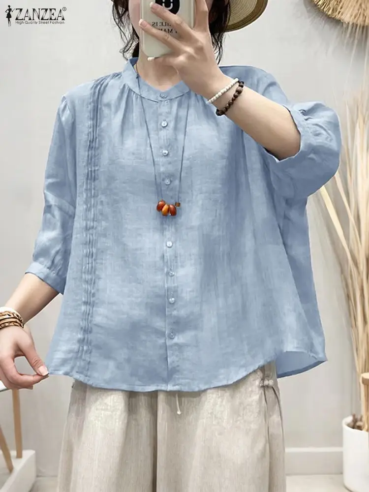 ZANZEA خمر Pintuck قمصان النساء الخريف 3/4 نفخة الأكمام اليوسفي طوق زر حتى عالية منخفضة قميص ملابس امرأة غير رسمية S-3XL #5