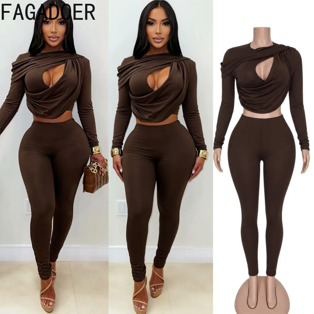 FAGADOER Women Bodycon Two Piece Outfit Ruched Cut Out Draped Top High Waist Stretch Skinny Pants Slim Fit Casual Clubwear Set