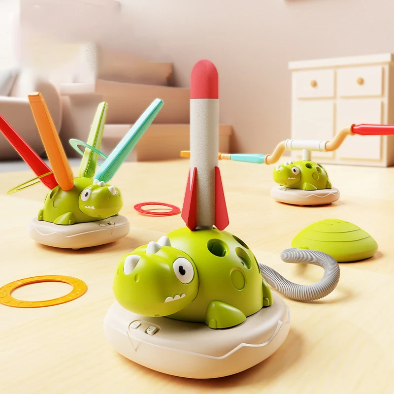 Spinning Dinosaur Toy, 3 In 1 Dinosaur Rocket Launcher, Ring Toss & Musical Jumping Toy For Kids, Dinosaur Sports & Outside Toys