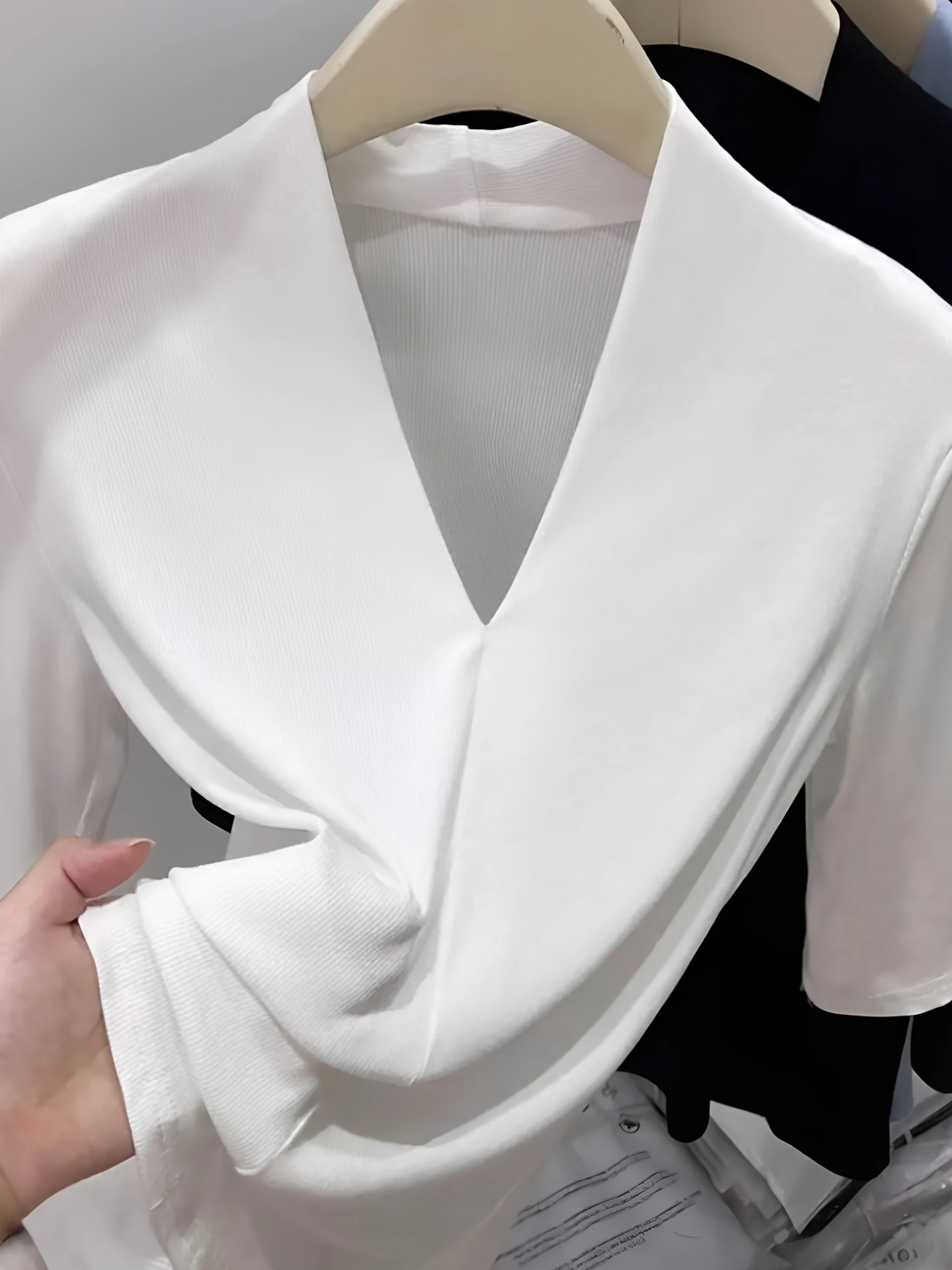 95 Cotton V-Neck Mid-Sleeve T-Shirt Women's New plus Size Slim Fit Base Shirt Five-Quarter Sleeve Summer Simple Style Top