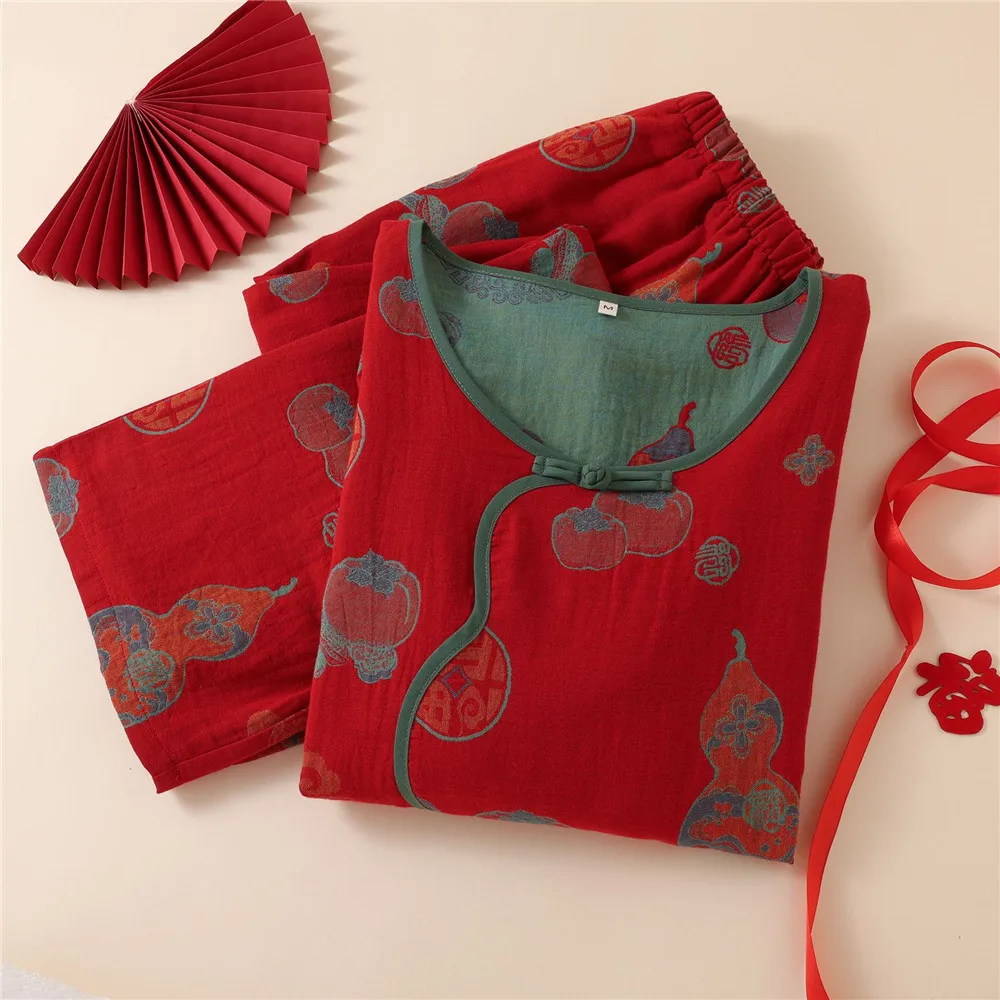 

Cotton Pajamas Set for Women Spring Summer Long Sleeves Double-layer Gauze Loose Round Neck Sleepwear Clothes