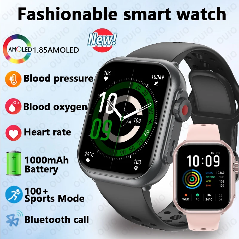 

Новинка 2025 года, умные часы для мужчин и женщин, 1000 мАч, 1,85 дюйма, кислород в крови, кровяное давление, Bluetooth, мониторинг вызовов, здоровье, спорт, умные часы