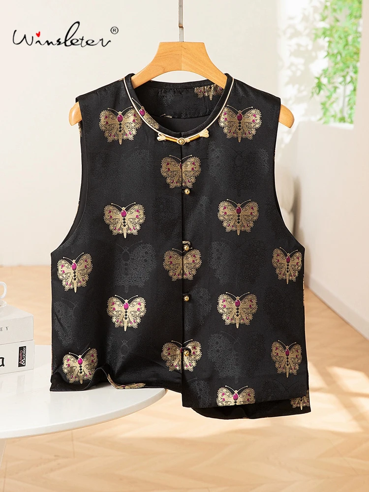 

Winsleter-100%Real Silk Song Brocade Elegant Vest Coat, O Neck Butterfly, Women Retro Commute Waistcoat, 2025 Autumn C5O806CC