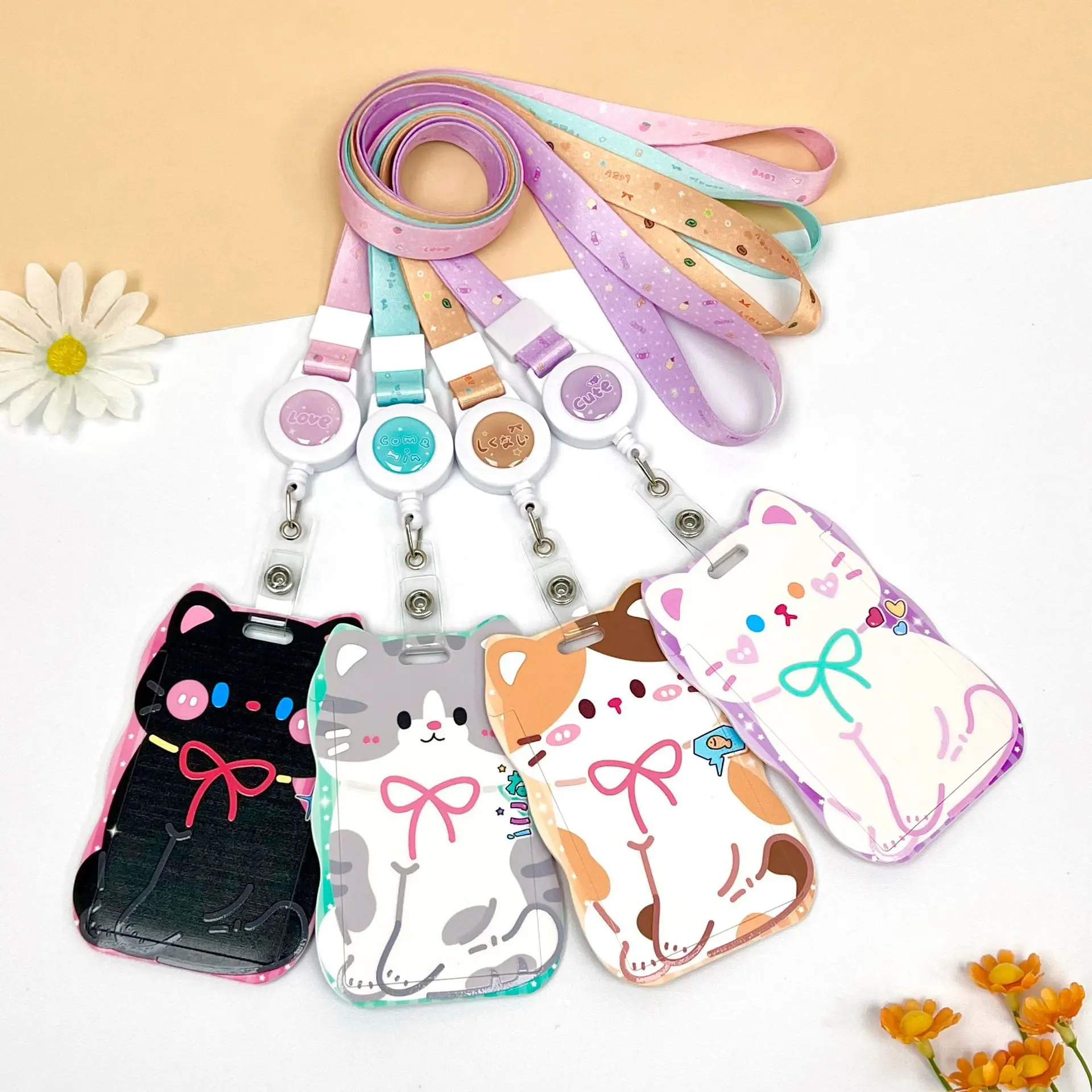 Cartoon Cat ABS Card Cover Anti-lost Student Card Meal Card HOLDER Neck Sliding Cover ID Cover Protective Cover