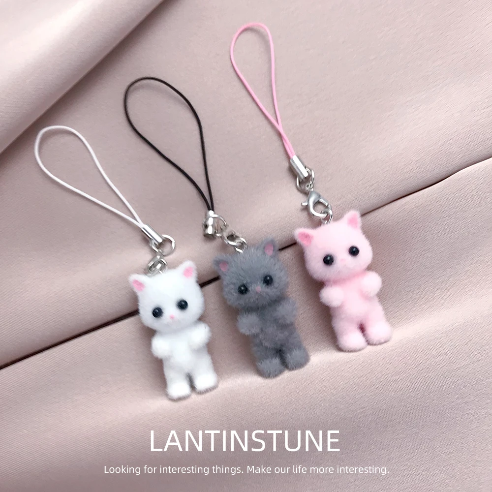 Cute Plush Resin Cat Pendant Keychain For Women Simple Design Phone Rope Chain Lovely Animal Bag Car Keyring Young Girls B394