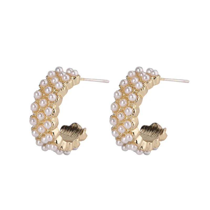 Imitation Pearl C Shape Drop Earrings for Women Party Elegant Vintage Golden Color Geometry Arc Dangle Earrings Trendy Jewelry