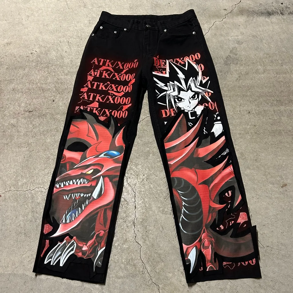 

Harajuku slifer the sky dragon print y2k men’s jeans popular anime baggy jeans wide leg pants streetwear trouser men clothing