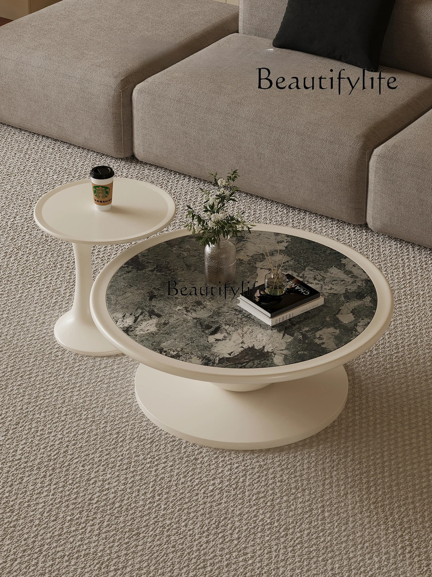 Italian-Style Light Luxury Rock Plate Tea Table Panel High-Grade Artistic White round Tea Table Combination