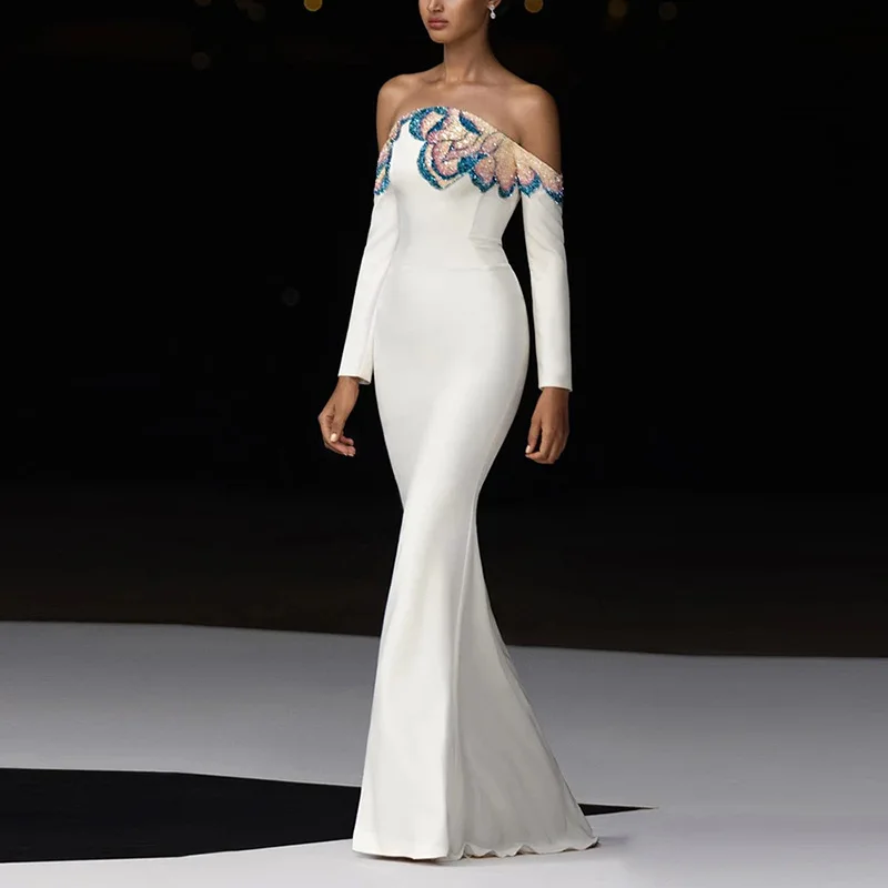 豪華なイブニングドレス ウェディングドレス パーティー フォーマルガウン オフショルダー ビーズ刺繍 長袖 マーメイドシルエット エレガント