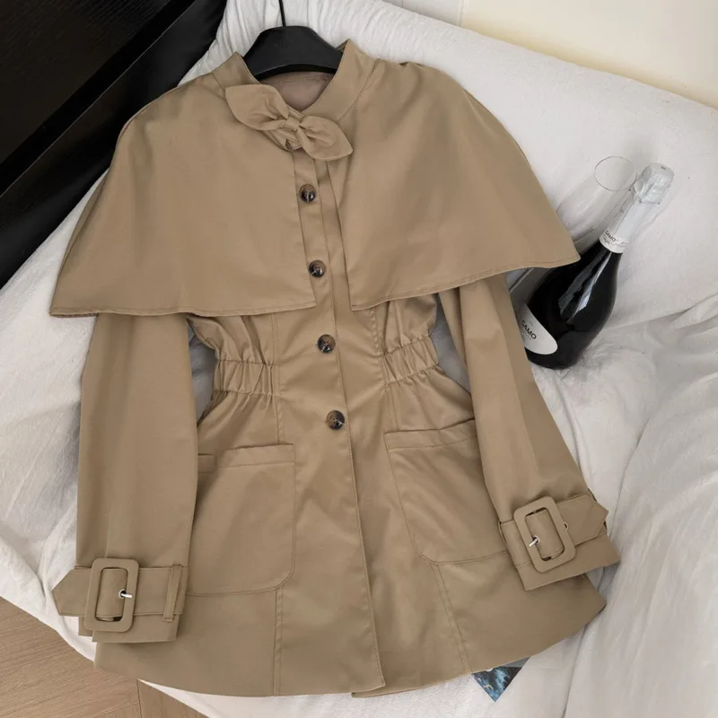 HKSH Herbst Neue Frauen Graben Mantel Zwei-Stück Set Einreiher Taschen Taille Cinching Abnehmbare Cape Koreanische Chic Kleid HK11847