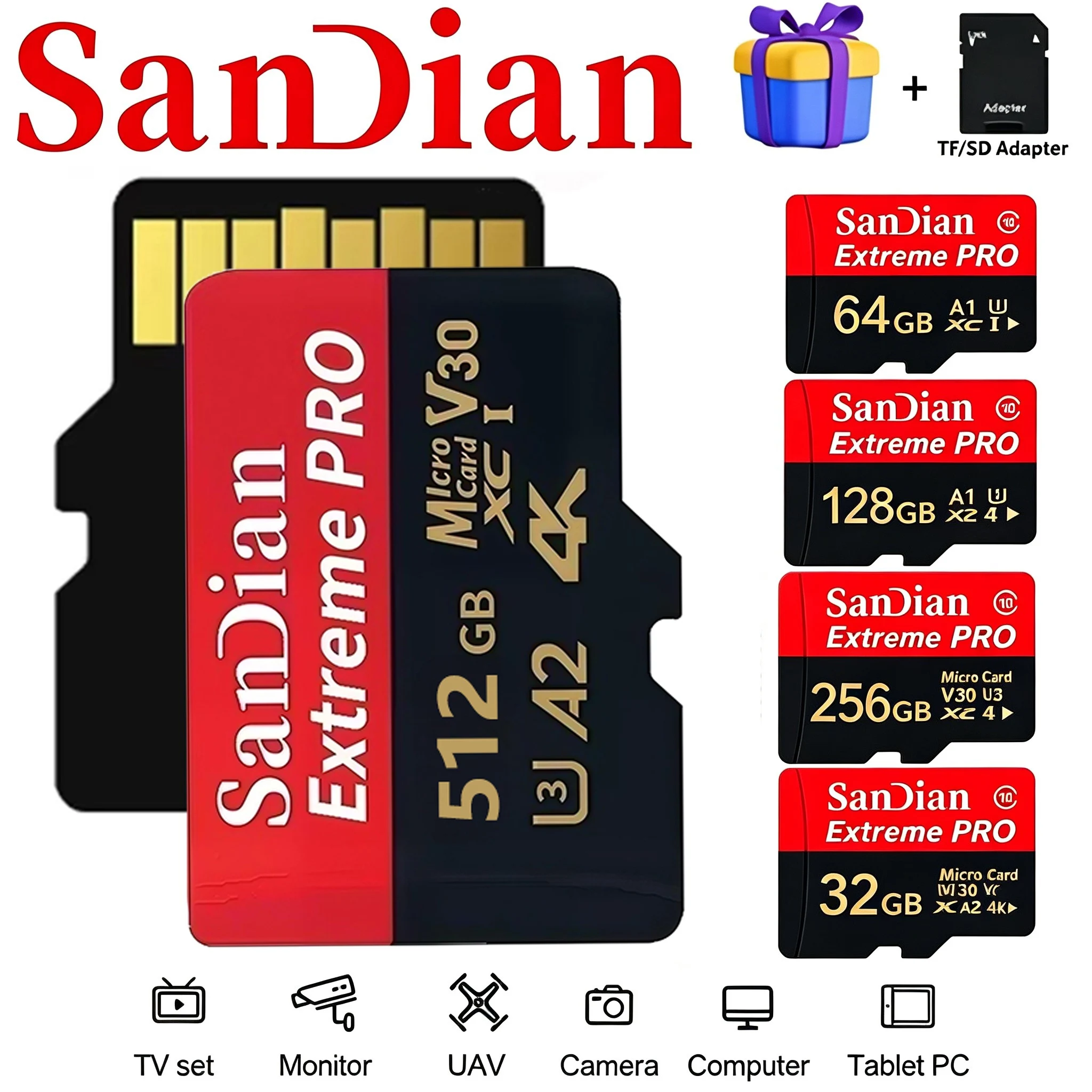 Compact SD Cards 32GB 256GB 64GB 128GB TF Cards Memory Card Micro TF SD Card 4K U3 for Laptop/PC/Desktop/Router/Recorder/Toy