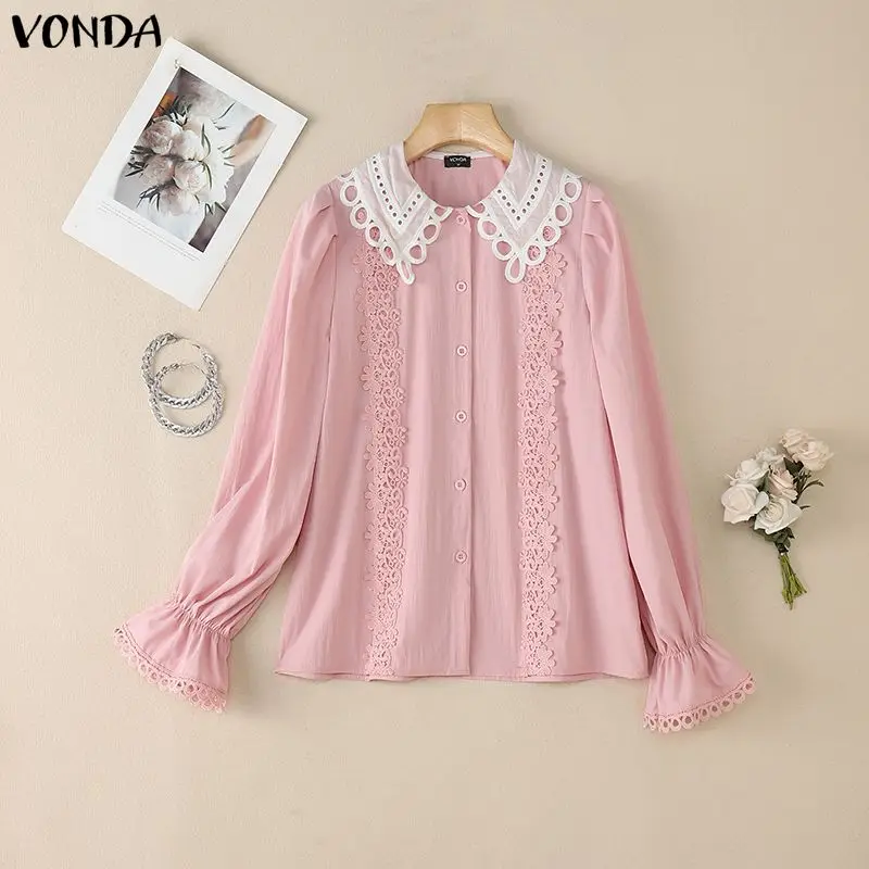 

Женская кружевная блузка VONDA 2026: элегантная офисная рубашка с длинным рукавом, модные пуговицы, повседневная свободная туника, топ с воротником «Питер Пэн»