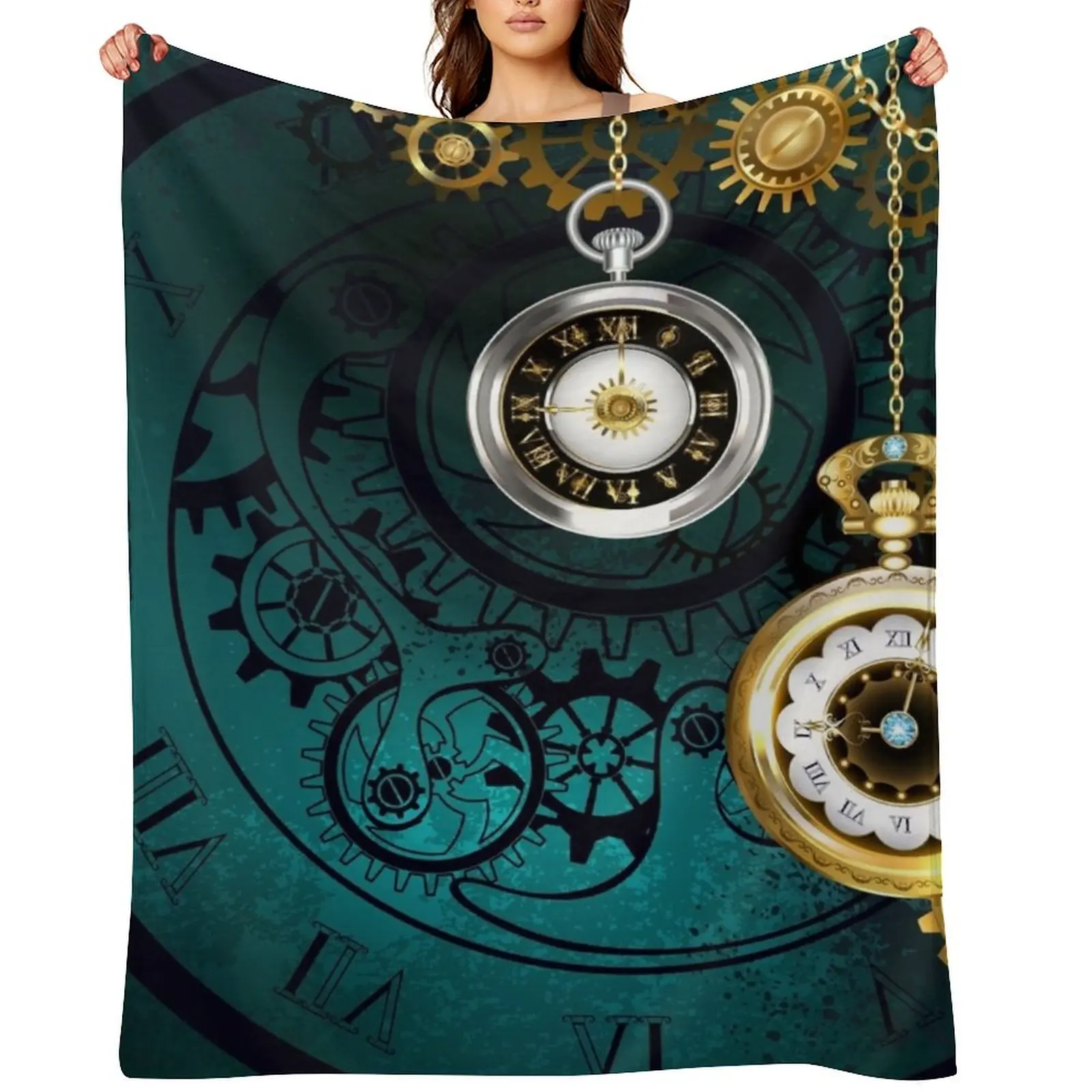 Clock with Gears on Green Background ( Steampunk ) Throw Blanket Custom Bed covers Blankets For Baby Large Blankets