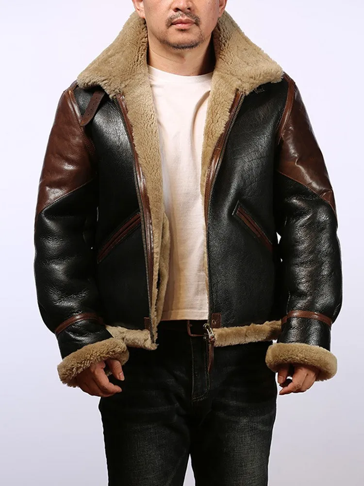 Plus Size 7XL Men Thick Warm Real Fur Lining Overcoat Flight Suit Sheepskin Genuine Leather Jacket Natural Wool Shearling Coat