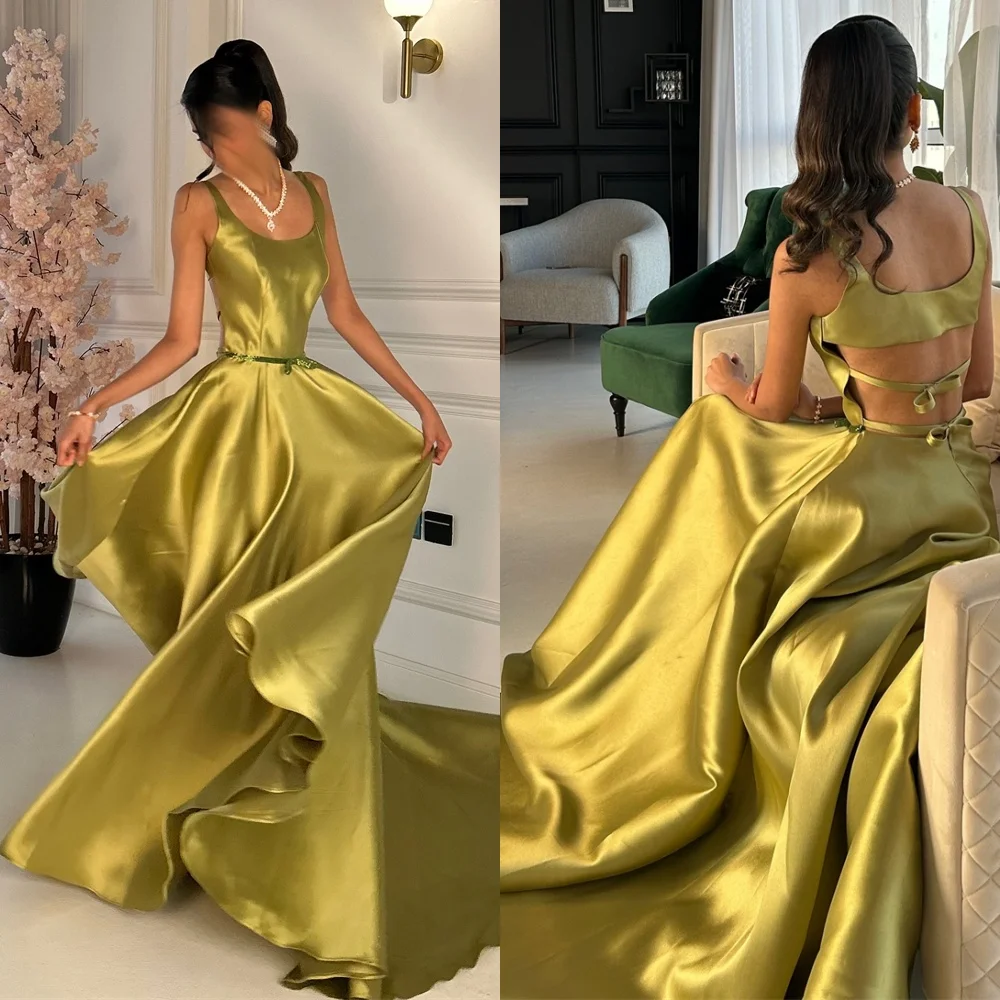 

Customized Elegant Green Satin Evening Dress Exquisite Square Collar Spaghetti Straps Sleeveless Lace Up Back Prom Dress